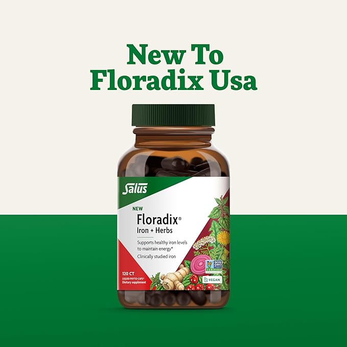 Floradix Iron + Herbs - Iron Supplement for Healthy Energy Support* - Supports Red Blood Cell Formation - Vegan Non-GMO Gluten-Free Soy-Free - 120 Liquid Phyto-Caps
