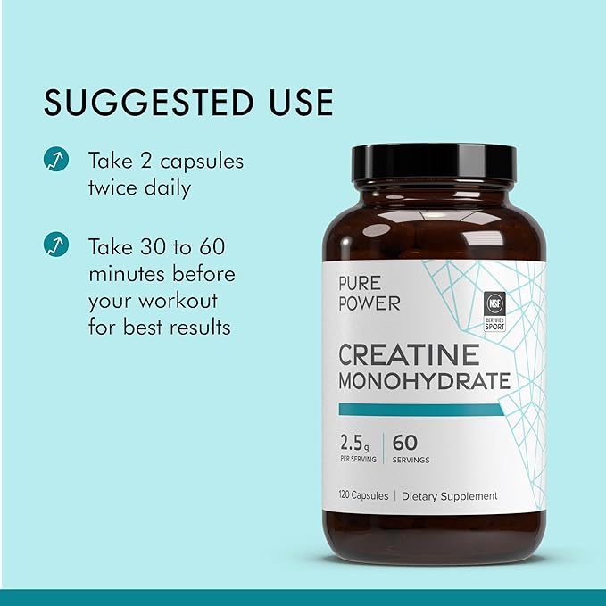 Dr. Mercola Pure Power Creatine Monohydrate 60 Servings (120 Capsules) 2.5g Per Serving Dietary Supplement Strength and Energy Non-GMO NSF Certified for Sport