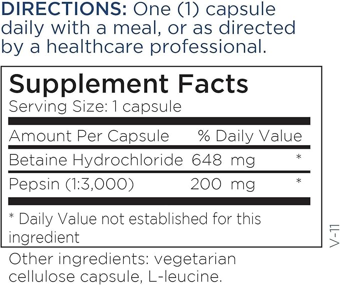 Metabolic Maintenance Betaine HCL + Pepsin Digestive Enzyme - Protein Digestion + Gut Health Support Supplement (100 Capsules)