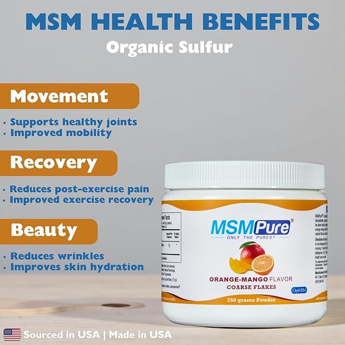 KALA HEALTH MSMPure Orange Mango Flavored Coarse MSM Powder Flakes – US-Made MSM for Joint Health Skin Appearance and Hair &amp Nail Support – 1 lb Organic Sulfur