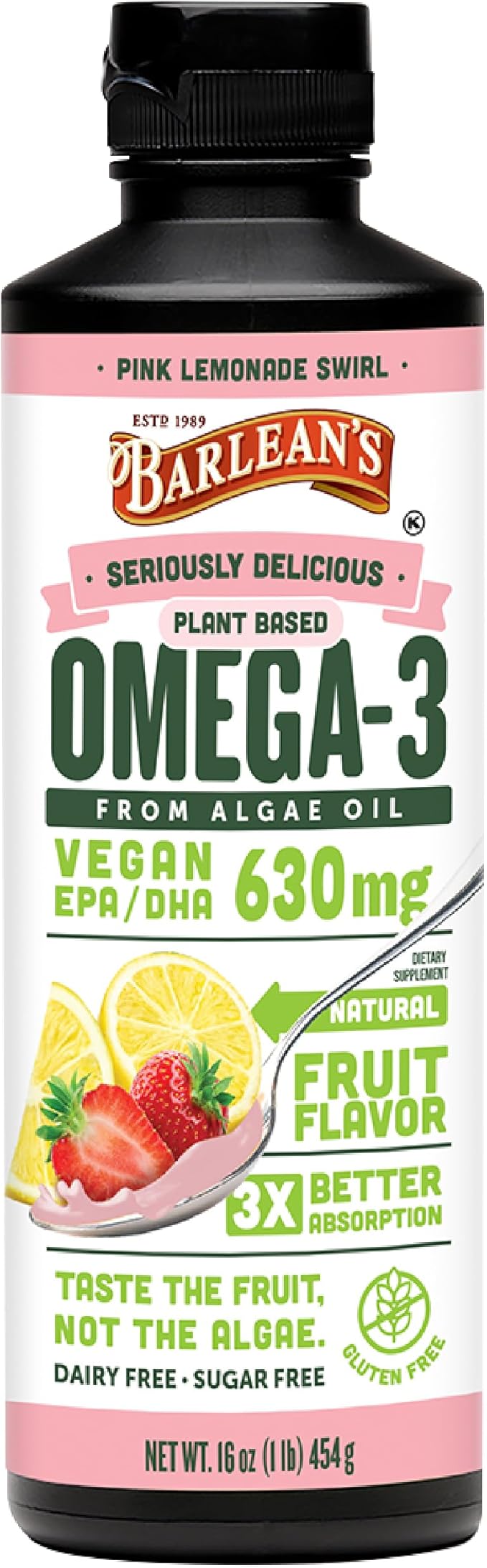 Barlean's Pink Lemonade Vegan Omega 3 Supplement Liquid Algae Oil with 630 mg EPA &amp DHA Plant Based Omegas from Algal Oil Non-GMO &amp Gluten Free 16 oz