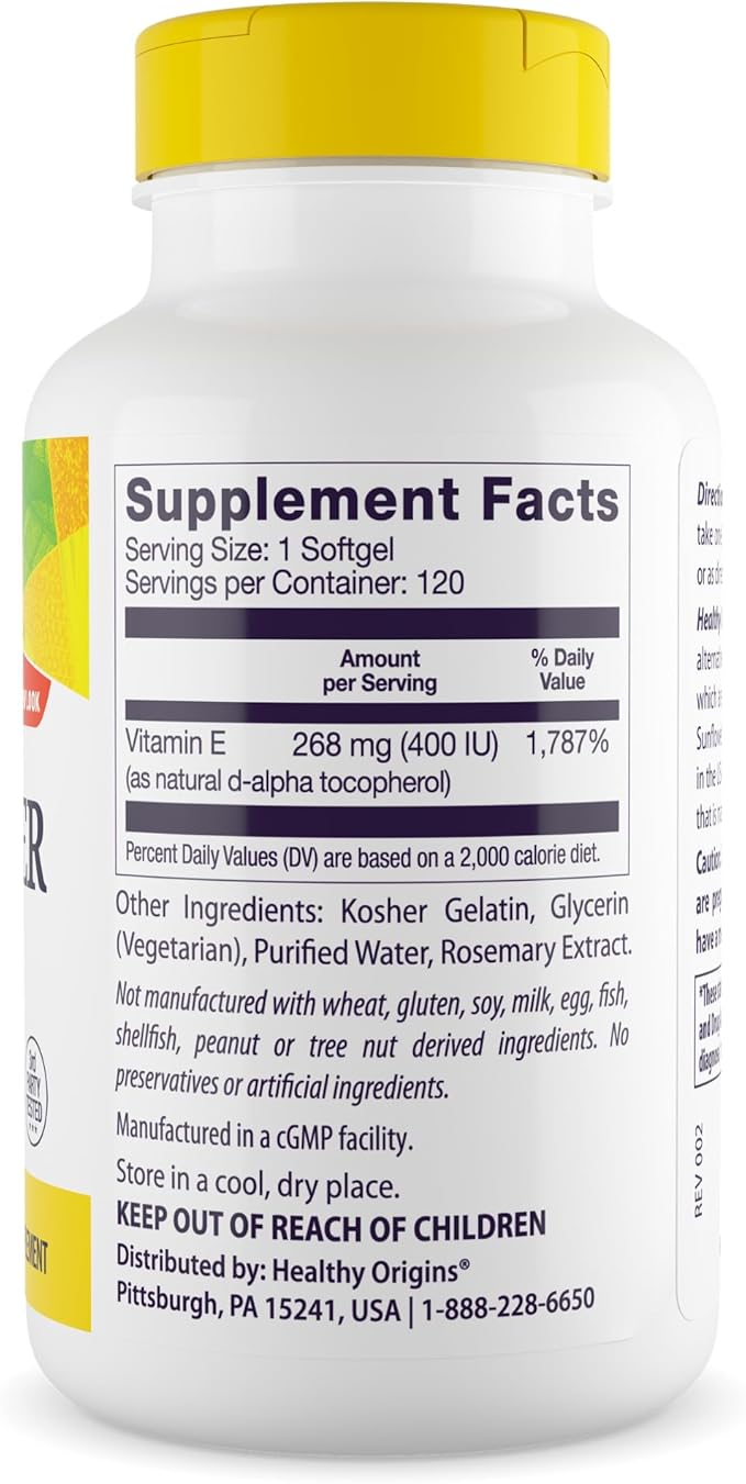 Healthy Origins Sunflower Vitamin E-400 IU (Non-GMO Gluten Free Soy Free Hair Support Nail Support Skin Support Cardiovascular Support) 120 Softgels