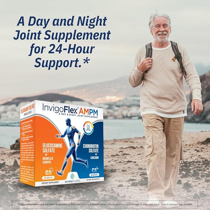 INVIGOFLEX® AMPM - Glucosamine &amp Chondroitin Sulfate - Turmeric Curcumin - Boswellia Serrata (Non GMO) for Knees Hands Back and Hip 24 - Hour Premium Joint Supplement
