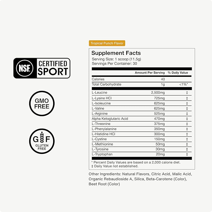 Momentous Vital Aminos Powder Supplement - BCAA &amp EAA - Tropical Punch - NSF Certified for Sport - GMO- &amp Gluten-Free - 30 Servings - Package May Vary