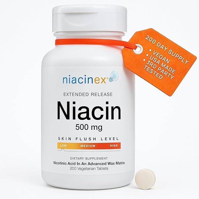 Niacin 500mg Extended Time Release 200 Tablets Minimal to No-Flush Vitamin B3 Supplement - Cholesterol Balance Nicotinic Acid Vegan cGMP made in the USA