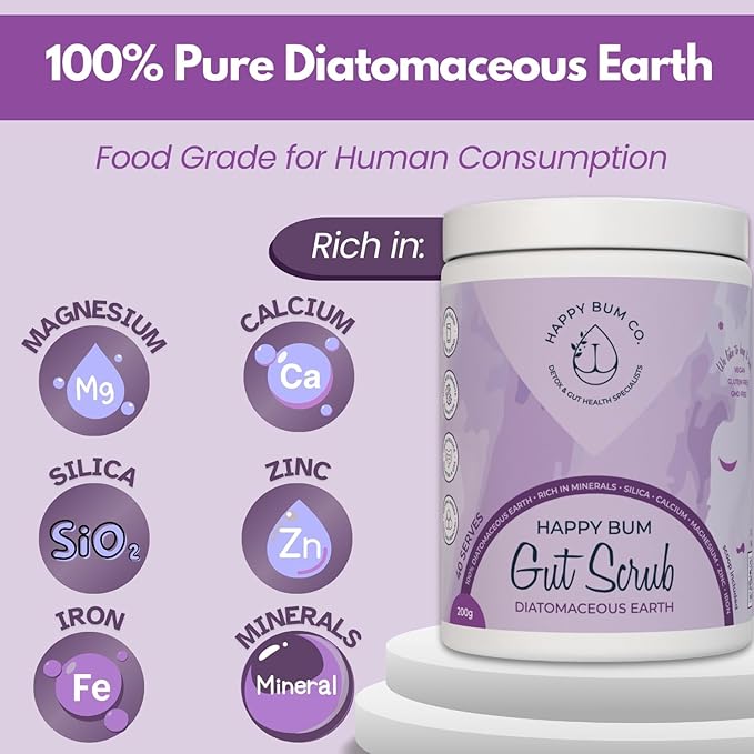 Happy Bum Gut Scrub - Diatomaceous Earth Food Grade for Humans | Mineral Powder Supports Gut Health Bloating Relief | Rich in Silica Zinc &amp Minerals for Healthy Hair Skin Nail - 150g