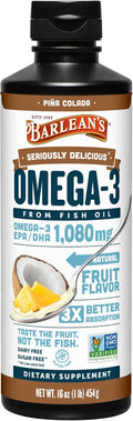 Barlean's Omega 3 Fish Oil Liquid Supplement for Men and Women 1080mg of EPA and DHA Fatty Acid Promotes Brain &amp Heart Health - Non-GMO Pina Colada 16 oz