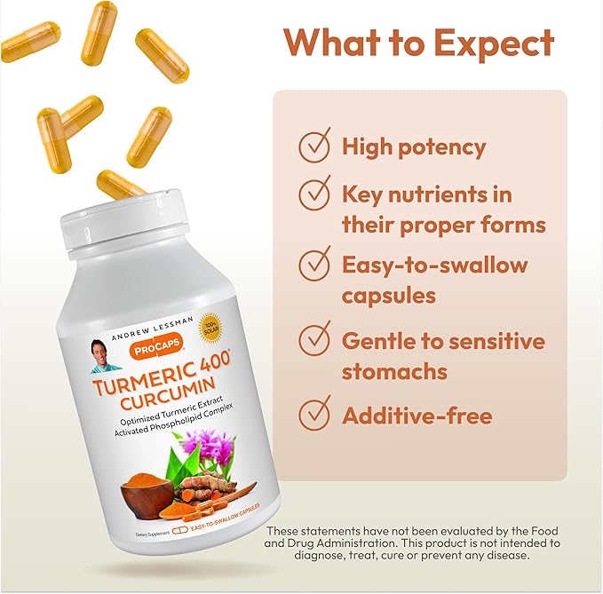 ANDREW LESSMAN Turmeric 400mg - 60 Capsules - 95% Curcuminoids as Phospholipid Complex for Optimum Benefits and Absorption High Potency Standardized Extract Small Easy to Swallow Capsules
