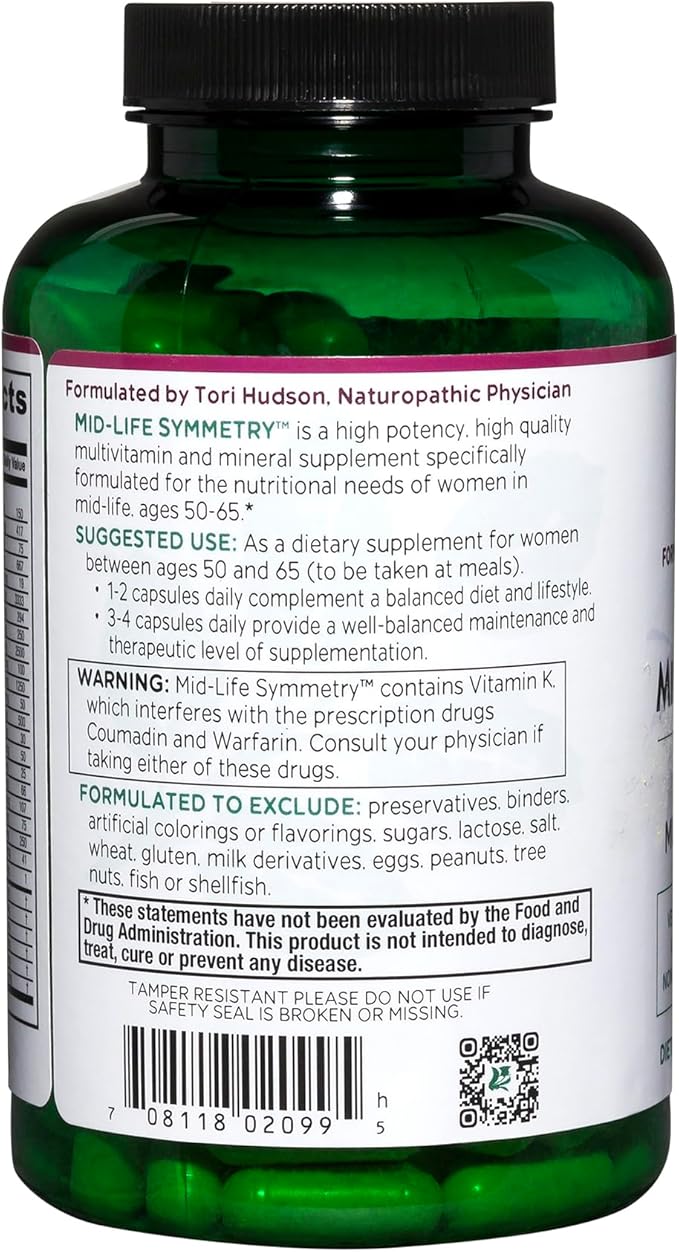 Vitanica - Mid-Life Symmetry 50-65 High Potency Multivitamin and Mineral Vegan 180 Capsules