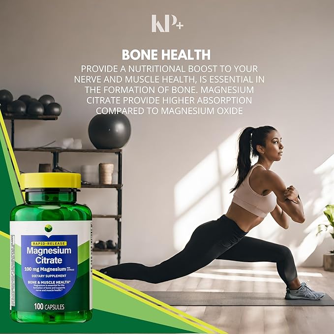 KP+ Magnesium | Magnesium Citrate 100 mg | Bone &amp Muscle Health Support | Rapid-Release Capsules | 100 Count | Dietary Supplement | Pack of 2