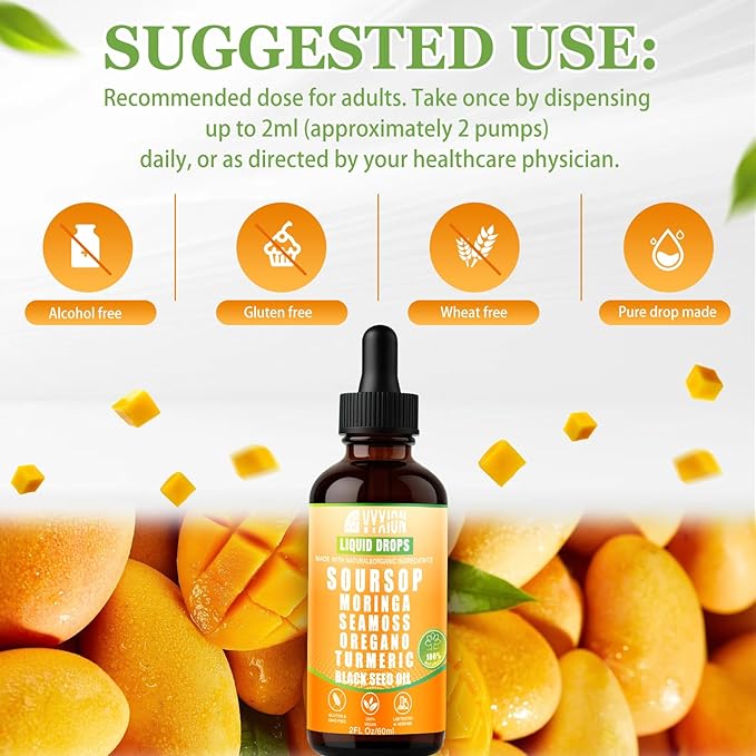Soursop Bitters Liquid Drops 10 in 1 with Sea Moss Ashwagandha | Original &amp Tropical Mango Flavor Combo | 2-Pack (2 Fl Oz Each) | Herbal Extracts for Overall Health | Vegan Non-GMO Gluten-Free