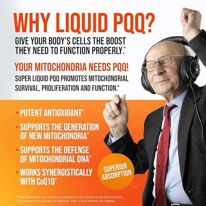 Super PQQ Liquid - Highly Absorbable Pyrroloquinoline Quinone 20 Milligram Best Liquid PQQ for Mitochondrial Biogenesis Supports Heart Health Cognitive Function and Mental Focus