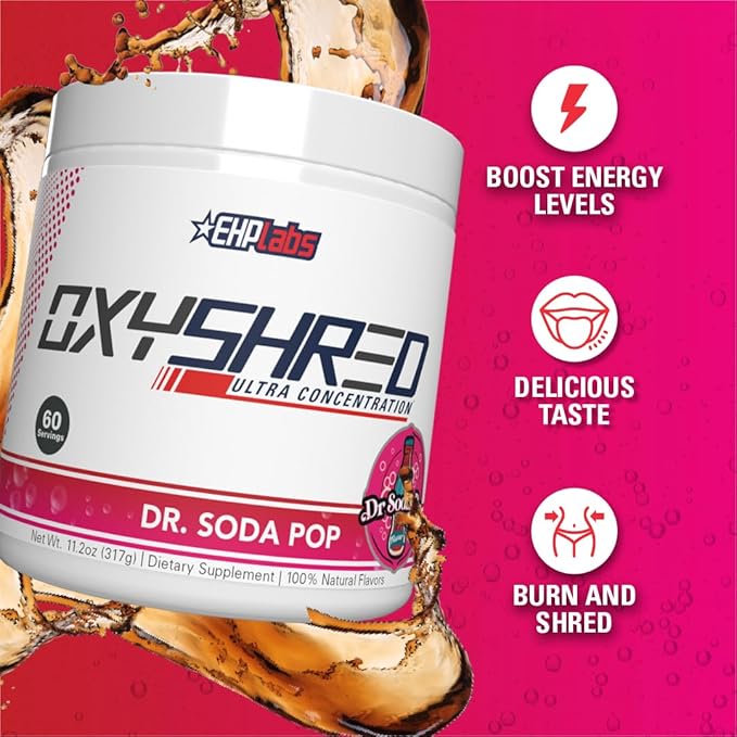 EHP Labs OxyShred Thermogenic Fat Burner - Pre-Workout Powder with L-Glutamine Acetyl L-Carnitine Metabolism Booster Weight Loss Appetite Control Energy Drink Dr. Soda Pop 60 Servings