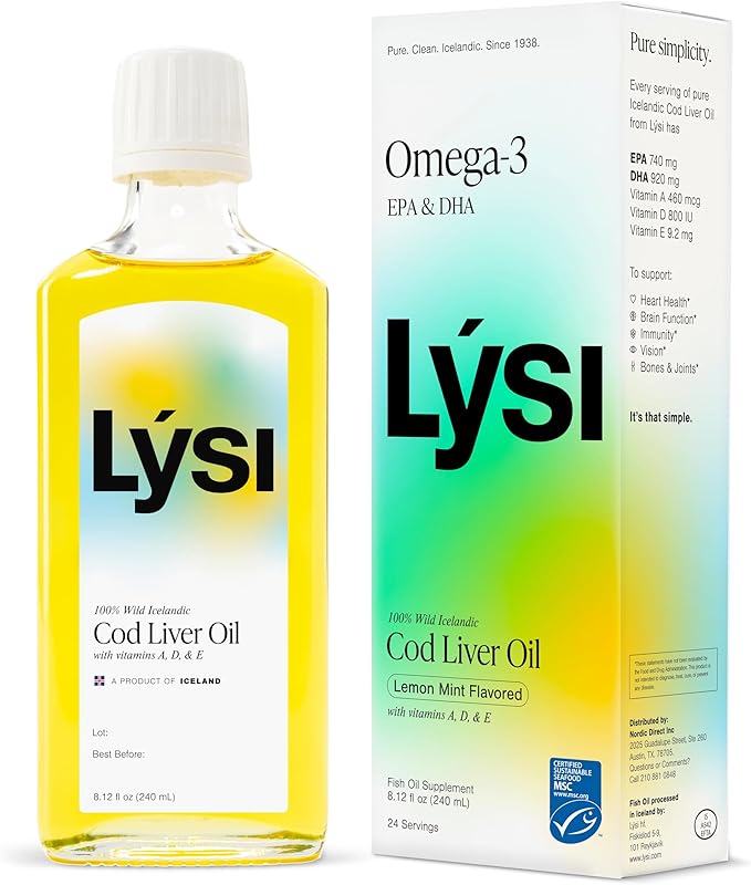 LYSI Icelandic Cod Liver Oil Liquid Supplement – 1100 mg Omega-3 per Teaspoon – EPA 740 mg &amp DHA 920 mg per 2 TSP – with Vitamins A D &amp E – Mint Flavor – 8.12 fl oz (24 Servings)