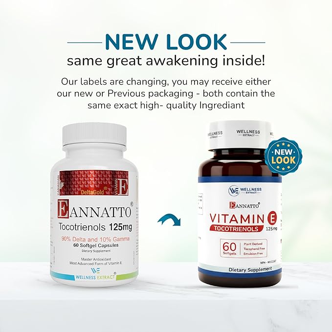 WELLNESS EXTRACT Eannatto Tocotrienols Vitamin E Supplements Tocopherol Free Non-GMO Gluten Free &amp Antioxidant (125MG 60 Softgels)