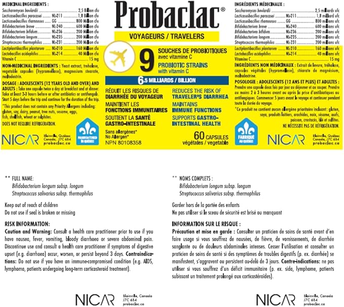 Probaclac Natural Travelers Probiotics Reducing Risk of Diarrhea Contains Vitamin C Immune Support Gluten Free Travel Size Vacation Cruise and Airplane Travel Essentials Vegan 60 Capsules