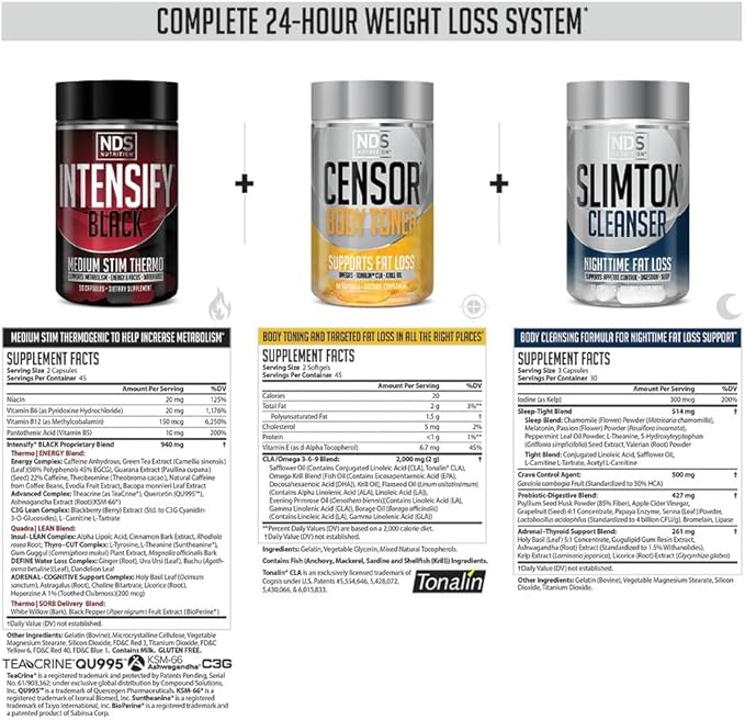 LeanForm24 NDS Nutrition Complete Diet Kit Weight Loss - Decrease Appetite and Energy Booster - L-Carnitine and CLA (Intensify Black 90 Capsules Censor 90 Softgels and Slim-Tox 90 Capsules)