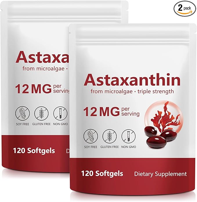 Astaxanthin 12mg 120 Softgels (2Pack)Premium Astaxanthin Antioxidant Supplements with Antioxidant Activity Supports Eye Skin Joint &amp Immune System Health Fresh Microalgae Source Non-GMO