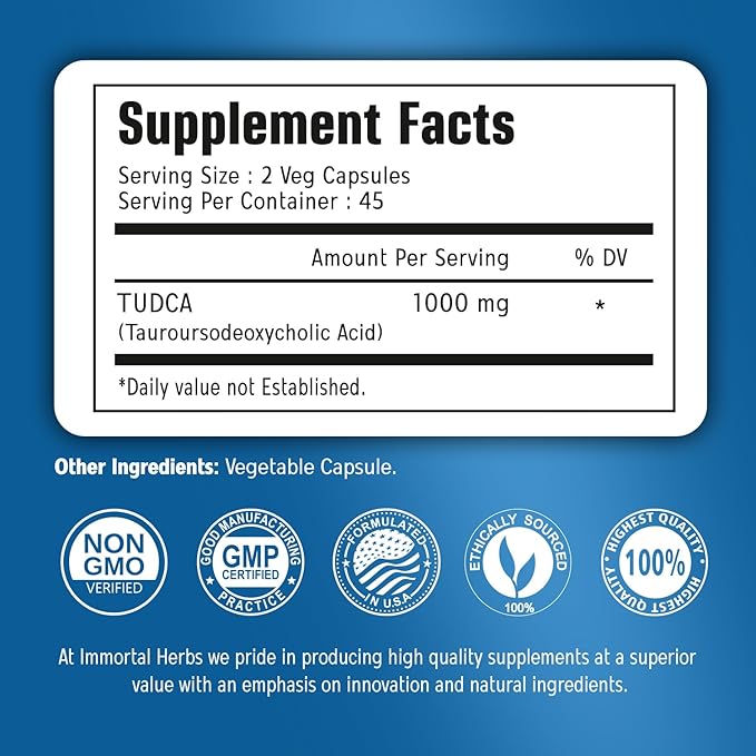 TUDCA Supplement 1000mg Tauroursodeoxycholic Acid Bile Salts 90 Vegan Capsules Non-GMO &amp Gluten Free Formula TUDCA Powder Capsules