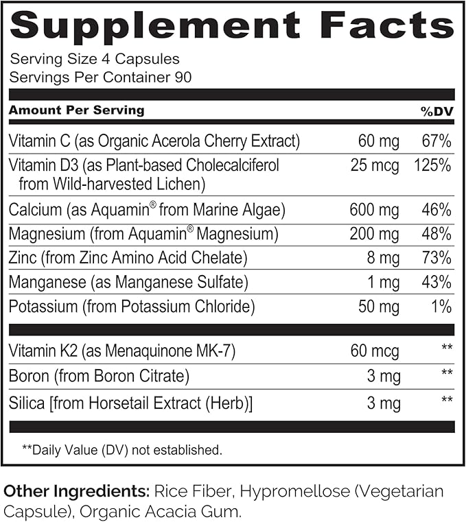 NATURELO Calcium Supplement - with Vitamin C Vitamin D3 K2 and Calcium Magnesium Zinc for Bone Strength with Calcium 600mg - Plant-Based 360 Vegetarian Capsules Non-GMO Soy &amp Gluten-Free