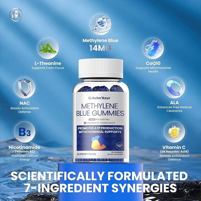 Aube'Azur Methylene Blue Gummies for Humans 14mg Methylene Blue Supplement with L-Theanine NAC Nicotinamide &amp CoQ10 for Men Women Fast-Absorbing Vegan Sugar-Free Blueberry Flavor 60 Count