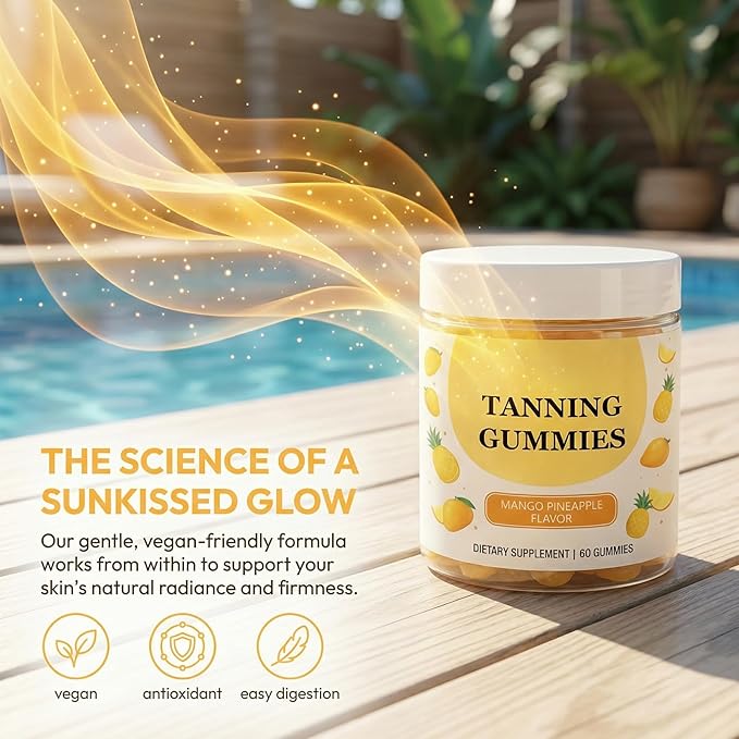 wuliao Gleaux Tanning Gummies Villuna Self Tanning Supplement for Women Goldenne Natural Moisturizing Bronzing Tanner for Face &amp Body Mango Pineapple Flavoreo 60 Gummies (1)