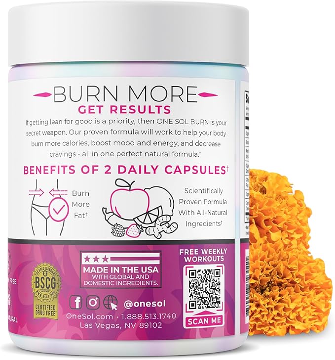 One Sol Fat Burner for Women Natural Metabolism Booster Burn More Calories Boost Energy &amp Mood Curb Appetite &amp Stop Cravings No Crash or Jitters All-Natural Ingredients Gluten &amp Soy
