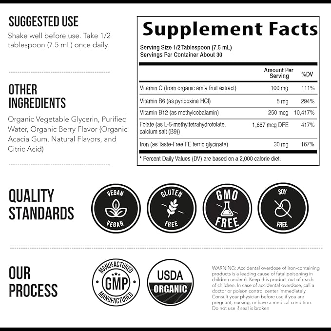 Liquid Iron Supplement | Organic Certified Berry Flavor - Whole Food Vitamin C Absorption Boost &amp Blood Building B Vitamins - Methyl B12 L-Methylfolate &amp B6 - Supports Healthy Iron Levels -