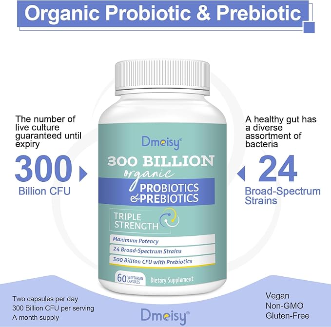 Probiotics for Women and Men 300 Billion CFU 24 Strains Probiotics + 15 Organic Herbs Prebiotics Blend Shelf Stable Gut Health Supplement for Digestive Immune &amp Whole-Body Health 8 Month Supply