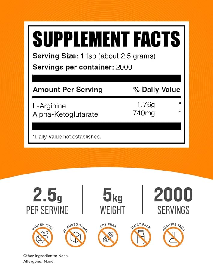 BulkSupplements.com AAKG Powder - Arginine AKG SupplementNitric Oxide Supplement - Unflavored &amp Gluten Free 2.5g per Serving 1kg (Pack of 5) (11 lbs)