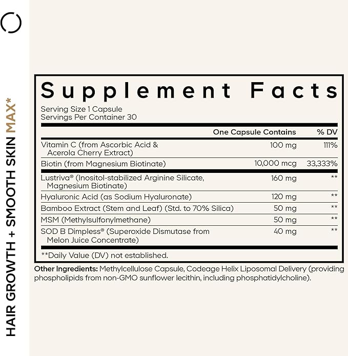 Codeage Hair Growth + Smooth Skin Max Vitamins Supplement - Patented Lustriva &amp SOD B Dimpless Superoxide Dismutase - Hair Growth Health Skin Cellulite Support - Biotin Vitamin C MSM - 30 Capsul