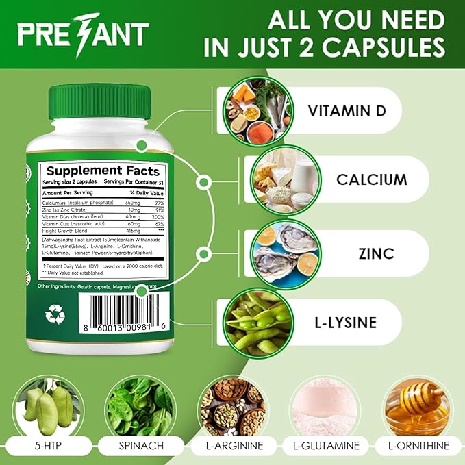 PRETANT-Growth Capsules to Grow Taller - Height Growth Maximizer with Calcium for Bone Strength Made in USA Natural Get Taller Supplement to Increase Bone Growth Adults Teens &amp KidsFree of Hor