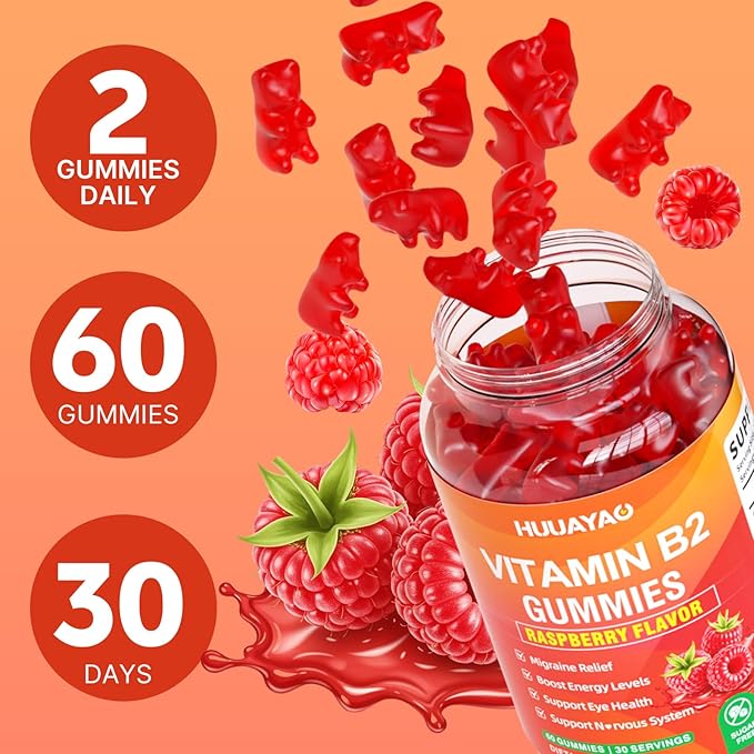 Vitamin B2 Gummies Riboflavin Supplement with Magnesium for Kids &amp Adults B2 Gummies for Migraine Relief &amp Nervous System Support Vegan Sugar-Free Raspberry Flavor 120 Count