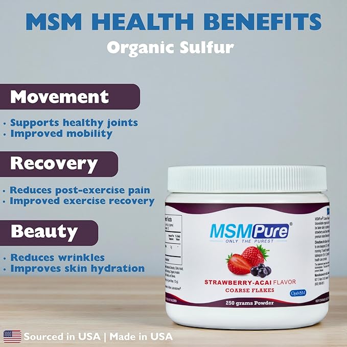 KALA HEALTH MSMPure Strawberry Acai Flavored Coarse MSM Powder Flakes – US-Made MSM for Joint Health Skin Appearance and Hair &amp Nail Support – 8.8 oz Organic Sulfur