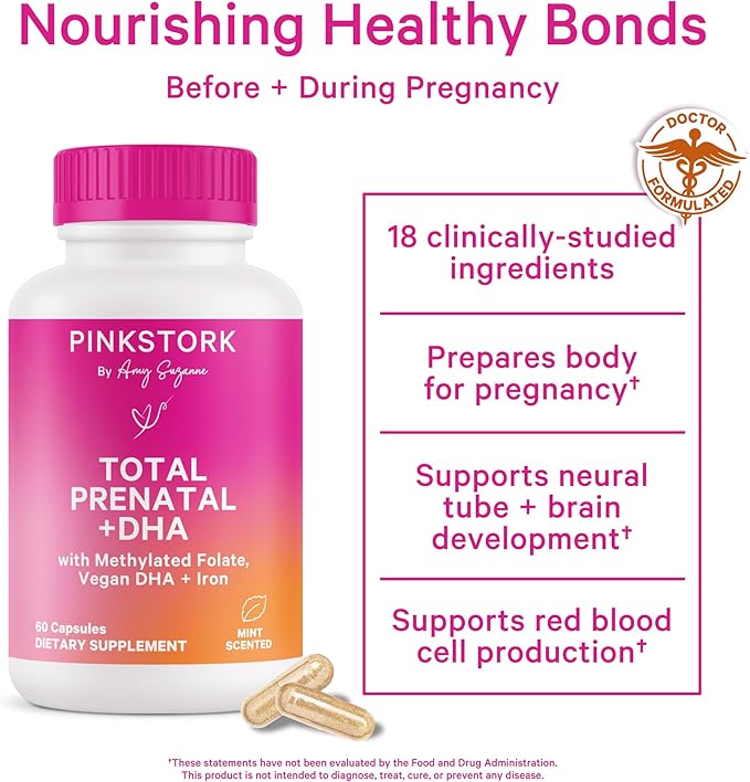 Pink Stork Total Prenatal Vitamins with DHA Folate Iron Choline and Vitamin B12 - Preconception Nutrition - Prenatals for Women Pregnancy Must Haves - Mint Essence 180 Capsules 3 Month Supply