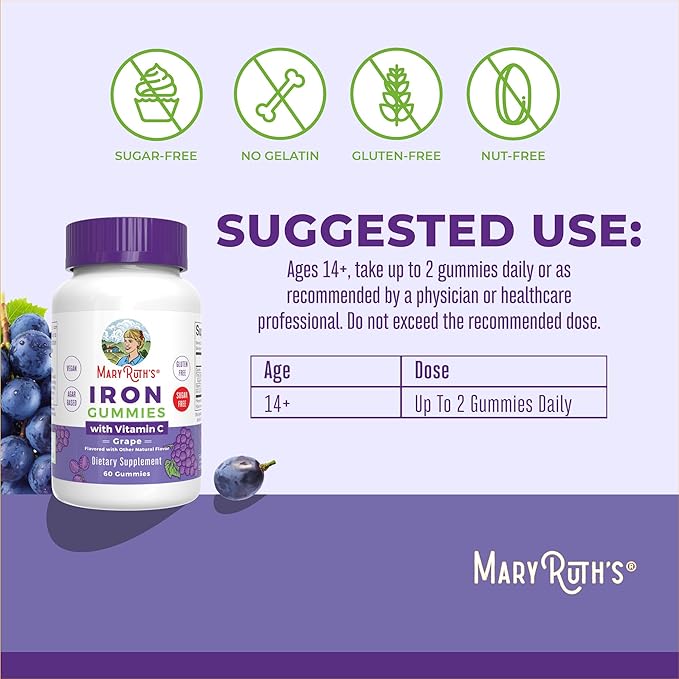 MaryRuth's Iron Gummies for 14+ with Vitamin C for Absorption | Sugar Free | Gummy Iron Supplement + VIT C | Energy Metabolism | Cellular Health | Immune Support | Vegan | Non-GMO | 60 Count