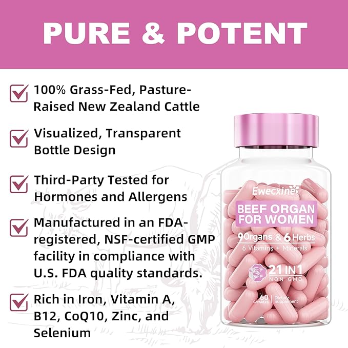 2-Pack Beef Organ Supplement for Women | 9-Organ Formula with Herbal Support Liver Uterus Ovary Heart &amp Kidney for Feminine Balance &amp Energy | New Zealand Grass-Fed | 2-Month Supply