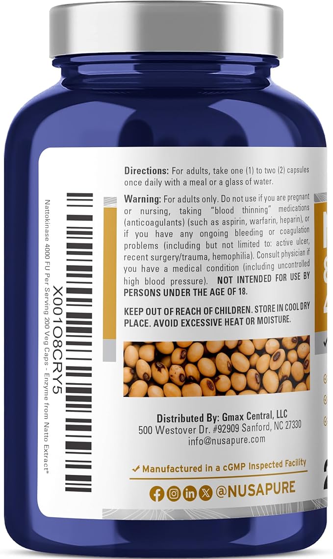 NusaPure Nattokinase 4000 FU 800mg 200 Veggie Capsules (Vegan Non-GMO)