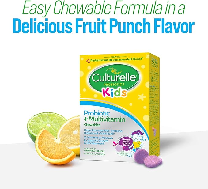Culturelle Kids Probiotic + Complete Multivitamin Chewable for KidsAges 3+Digestive HealthOral Health&ampImmune Support-with 11 Vitamins&ampMineralsIncluding Vitamin CD3-&ampZinc30 Count (Pac