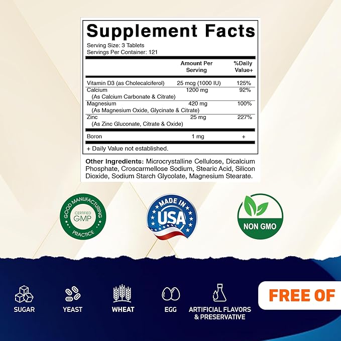 Vitamatic Calcium Magnesium Zinc D3 Boron | 365 Coated Tablets Supplement | Calcium 1200 mg Magnesium 420mg Zinc 25mg Vitamin D3 1000 IU Boron 1 mg | Non-GMO | Gluten Free | Made in USA-2 Pack