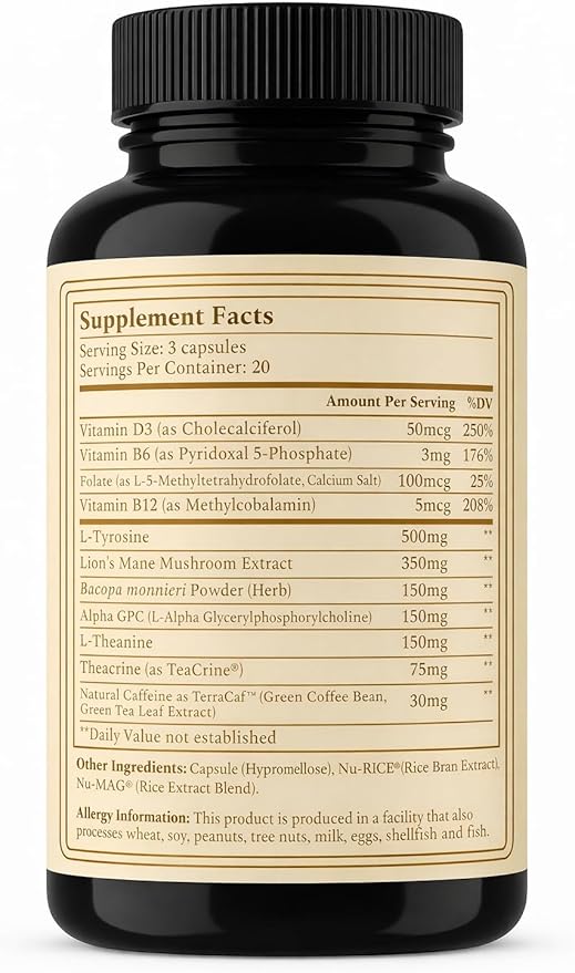 Best Brain Supplement for Memory and Focus - L-Theanine Lion's Main Vitamin B6 B12 D3 Folate L-Tyrosine Bacopa Monnieri Alpha GPC Theacrine 30mg of Natural Caffeine (60 Count)