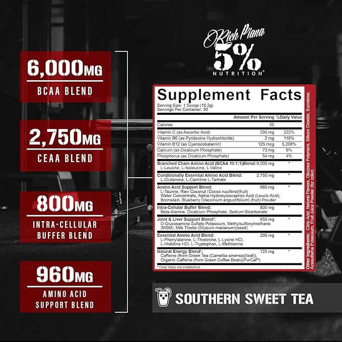 5% Nutrition Rich Piana AllDayYouMay Caffeinated BCAA Energy Powder | Premium Pre Workout Amino Energy &amp Electrolytes | Hydration Endurance &amp Recovery | 16.3 oz 30 Servings (Southern Sweet T