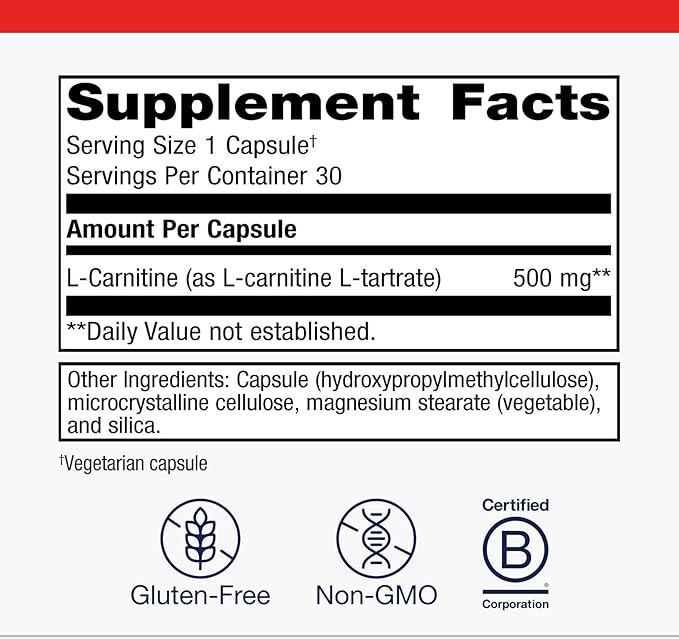 Metagenics L-Carnitine - Amino Acid Supplement for Fat Metabolism &amp Energy Support* - 500 mg L-Carnitine L-Tartrate - Non-GMO Gluten-Free Vegetarian - 30 Capsules