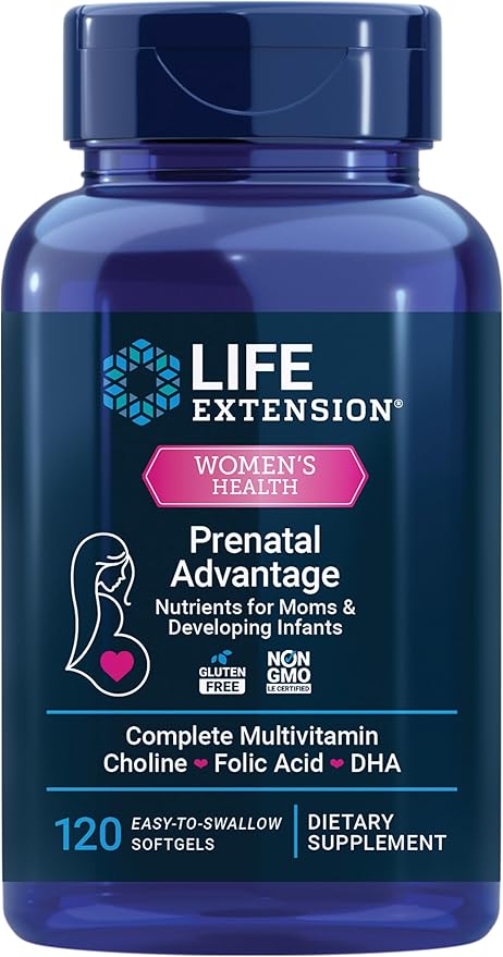 Life Extension Prenatal Advantage Women’s multivitamin Baby Support folic Acid Choline omega-3s Vitamin C D3 B1 B6 B12 zinc niacin Gluten Free Non-GMO 120 softgels