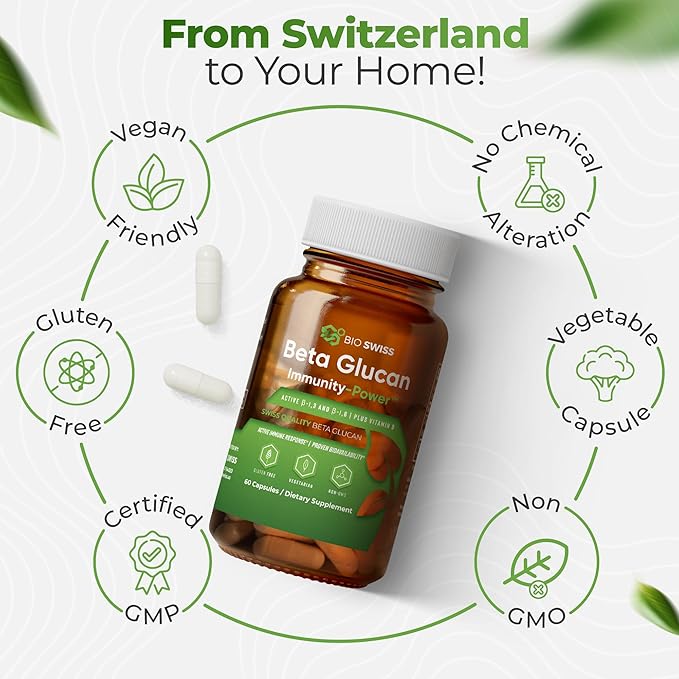 Bio Swiss Beta Glucan Immunity Power - 13D-16D Glucan with Vitamin D - Immune Support Supplement for Enhanced Defense and Wellness - Vegan Gluten-Free (60 Capsules)