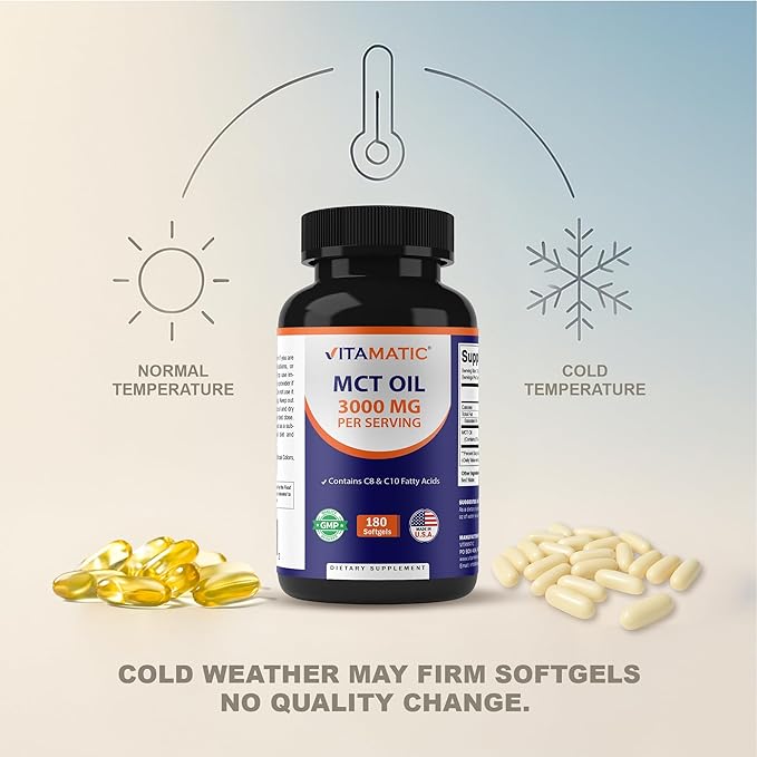 Vitamatic 2 Packs MCT Oil Capsules 3000 mg per Serving - 180 Softgels - from Coconut Oil - Contains 55% caprylic Acid C8 and 40% capric Acid C10 (Total 360 Softgel)