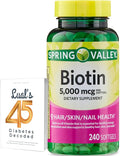 Spring Valley Biotin 5000 mcg 240 Count Dietary Supplement for Hair Skin Nails Hair Vitamins for Hair Loss for Women Bundle with Luall's 45 Diabetes Decoded