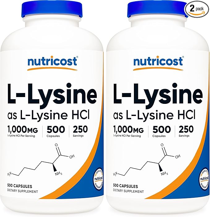 Nutricost L-Lysine 1000mg Per Serving 250 Servings 500 Capsules - Gluten Free Non-GMO 500mg Per Capsule (Pack of 2)