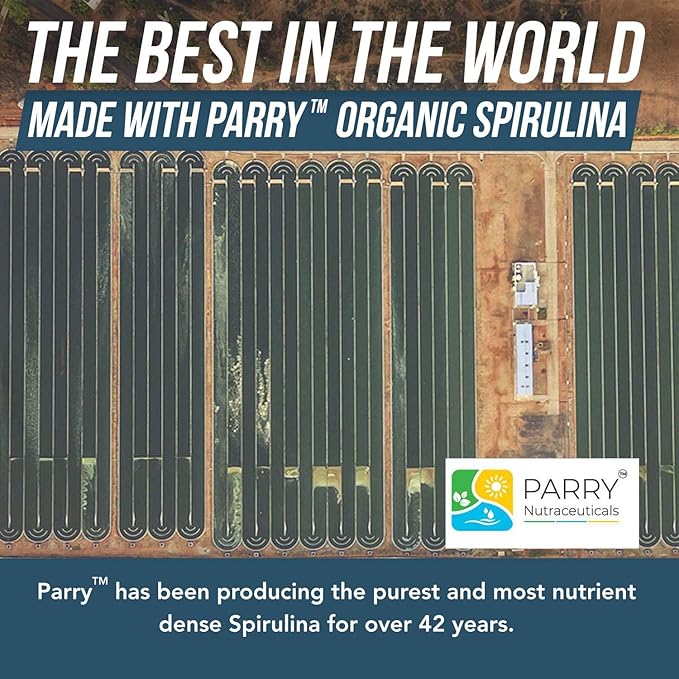 Organic Spirulina Powder – Made with Parry® Spirulina Known for Superior Purity and Nutrient Density – Vegan Farming – Non-Irradiated – Blue-Green Algae Superfood Supplement – 75 Servings – 8 oz