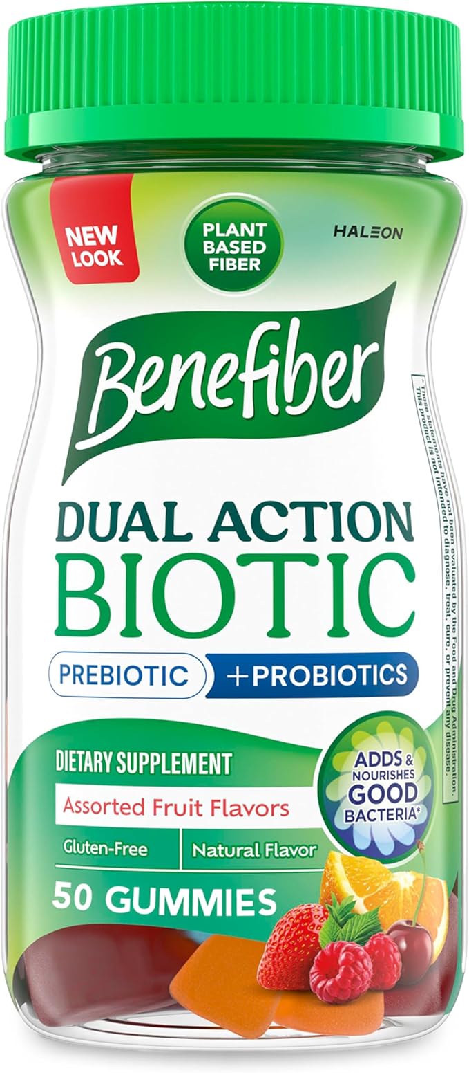 Benefiber Prebiotic GLP-1 Friendly Fiber Supplement Gummies with Probiotics for Digestive Health Assorted Fruit Flavors - 50 Count